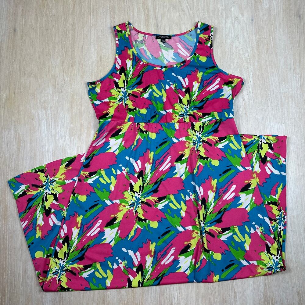 Notations Tropical Floral Midi Dress Sleeveless Stretch Casual Vacation Plus 1X